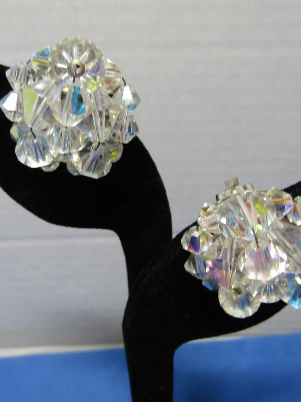 Vintage AB Aurora Borealis Crystal Clip On Earrings 1" Cluster